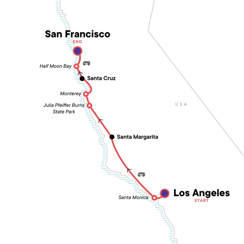 Map of the route for USA Road Trip- Highway 1 and San Fran Sun