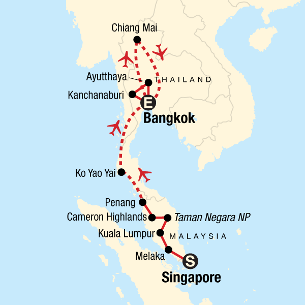 Map of the route for Singapore, Malaysia, and Thailand Explorer