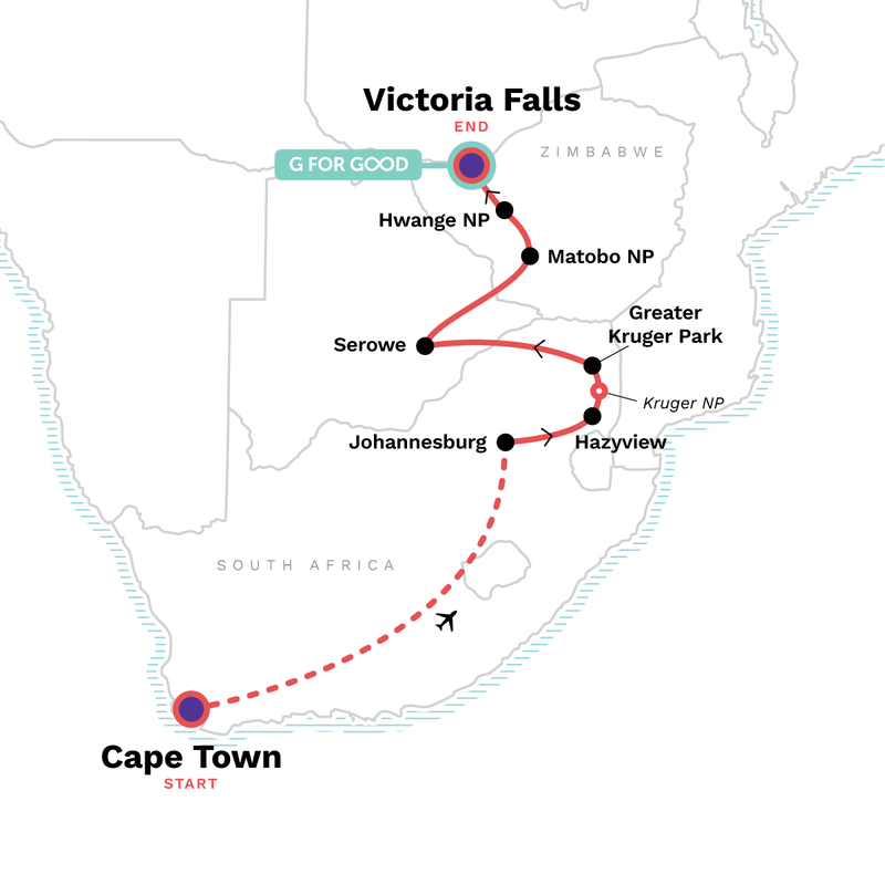 Map of the route for Cape Town, Kruger & Zimbabwe