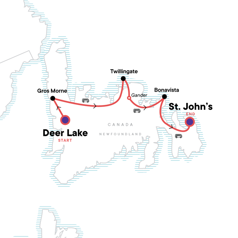 Map of the route for Newfoundland Adventure: From Deer Lake to St. John's