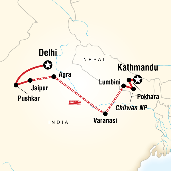 Map of the route for Delhi to Kathmandu: River Walks & Epic Wildlife