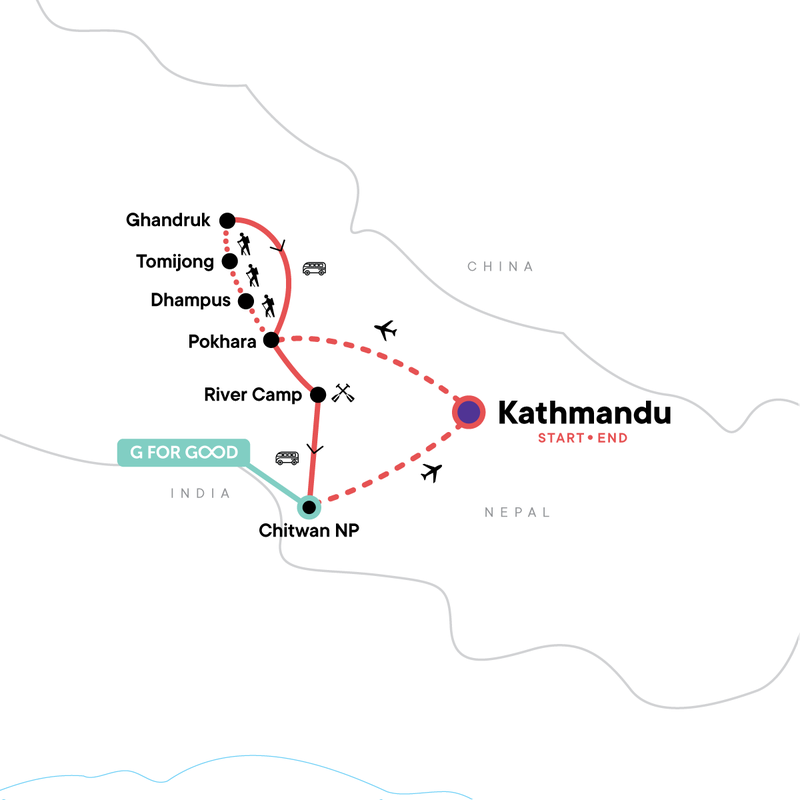 Map of the route for Nepal: Annapurna Hiking, Rafting and Chitwan National Park