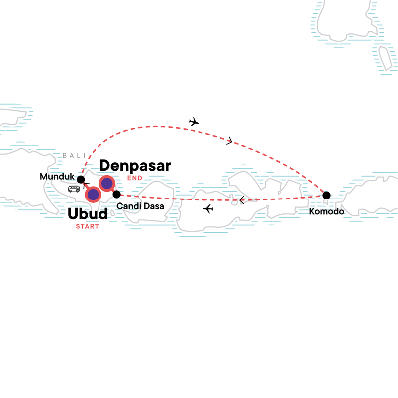 Map of the route for Bali and Komodo: Dragons, Rice Terraces & Cultural Ceremonies