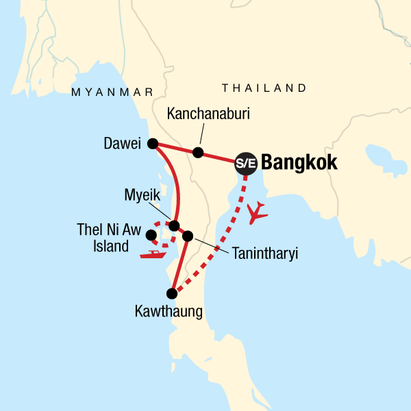 Map of the route for Myanmar Islands: Snorkelling & Village Hikes