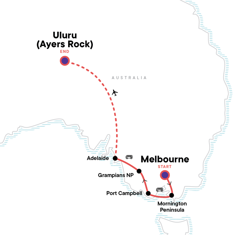 Map of the route for Melbourne, Outback & Uluru Adventure