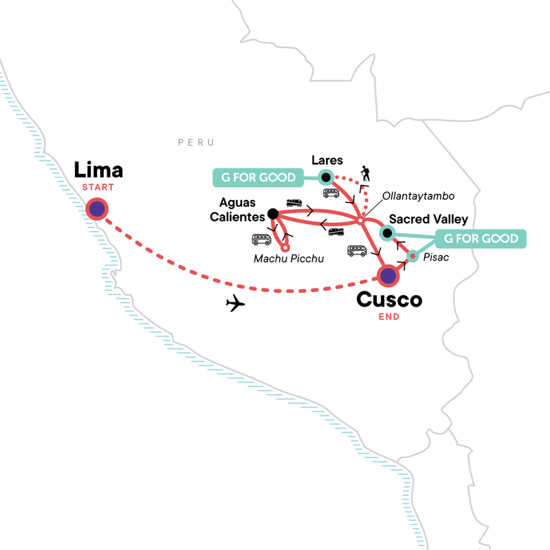 Map of the route for Peru: Lima, the Sacred Valley & the Inca Trail