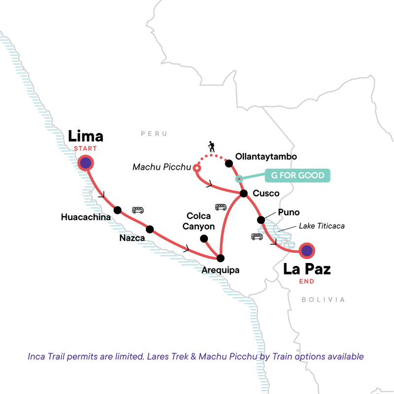 Map of the route for Lima to La Paz: Sandboarding & Sunsets