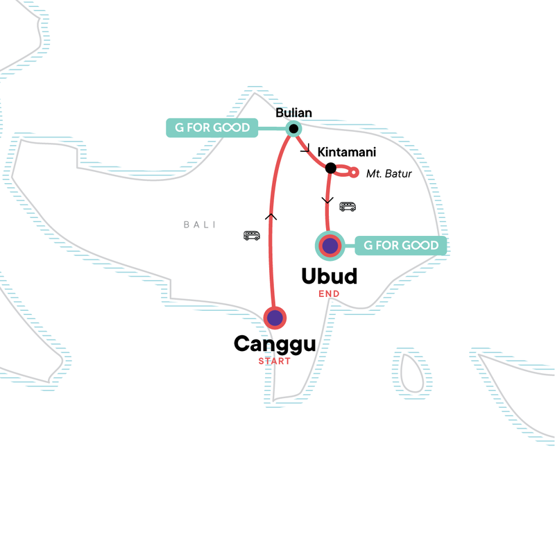 Map of the route for Bali Unplugged: Surf, Sunrise & Village Vibes
