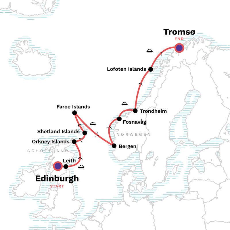 Map of the route for In the Wake of the Vikings: Orkney, Shetland & the Faroe Islands