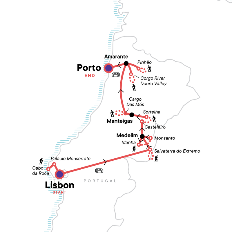 Map of the route for Portugal: Coastal Walks, Vineyards & Villages of the Douro Valley