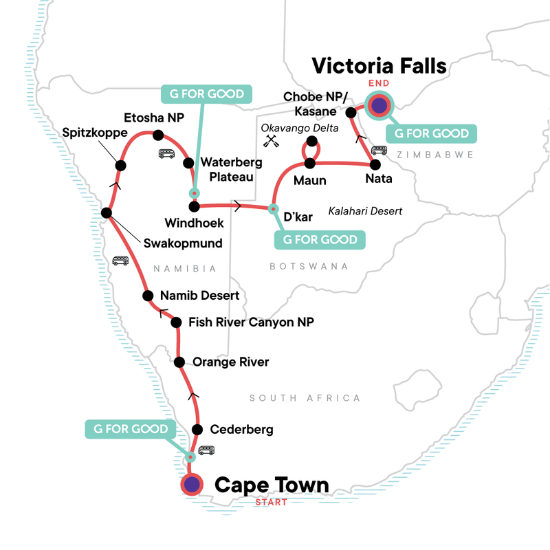 Map of the route for Southern Africa Northbound: Dunes, Deltas & Falls
