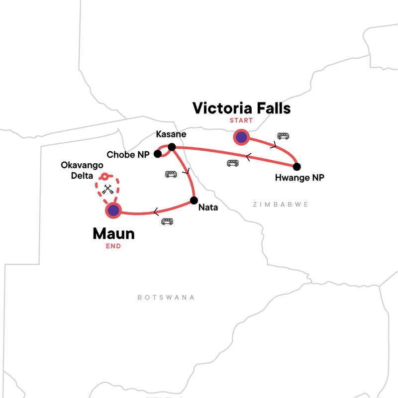 Map of the route for Zimbabwe & Chobe Safari: From Victoria Falls to the Okavango