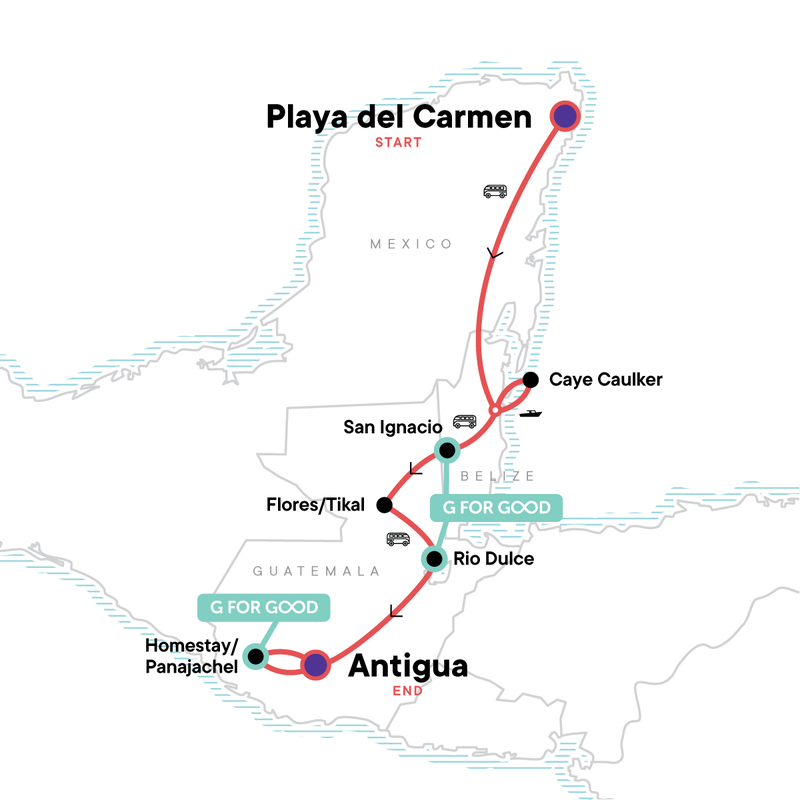Map of the route for Basic Central America: Mexico & Guatemala