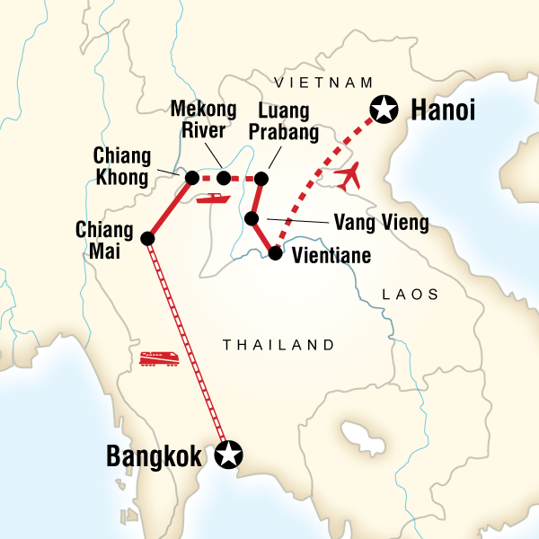 Map of the route for Thailand and Laos Adventure
