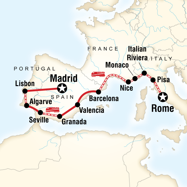 Map of the route for Rome to Lisbon: Coasts & Countryside