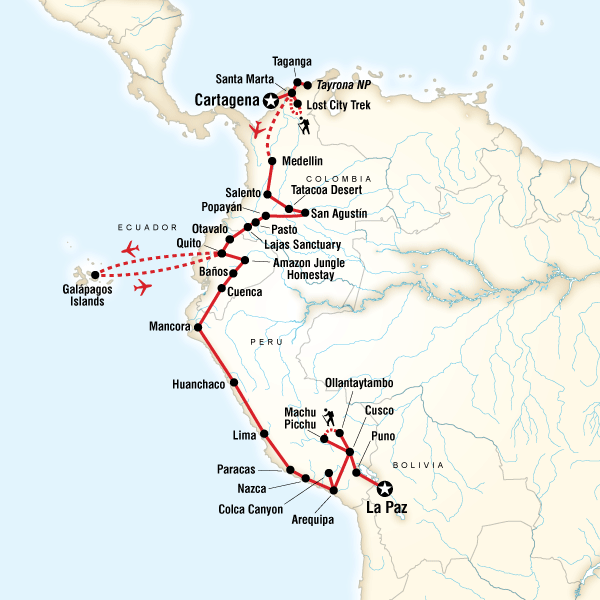 Map of the route for Colombia, Andes & Galápagos