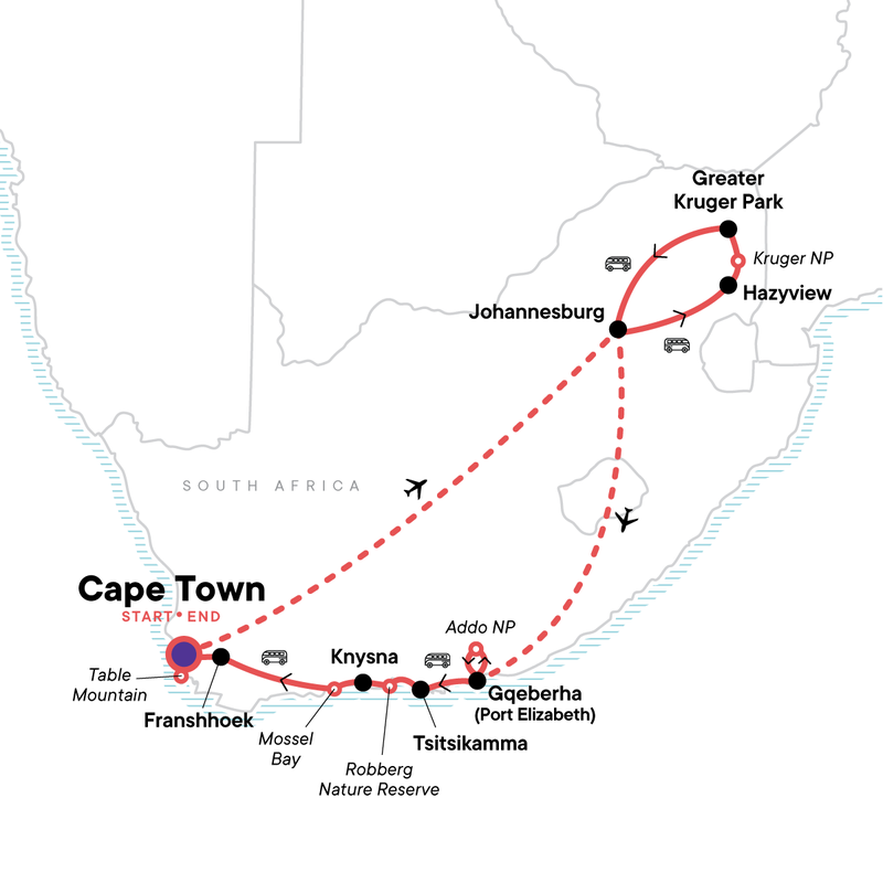 Map of the route for Ultimate South Africa