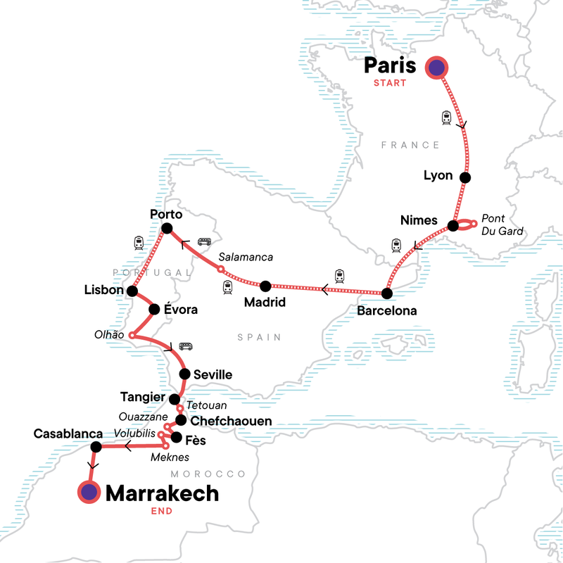 Map of the route for Paris to Marrakech Adventure