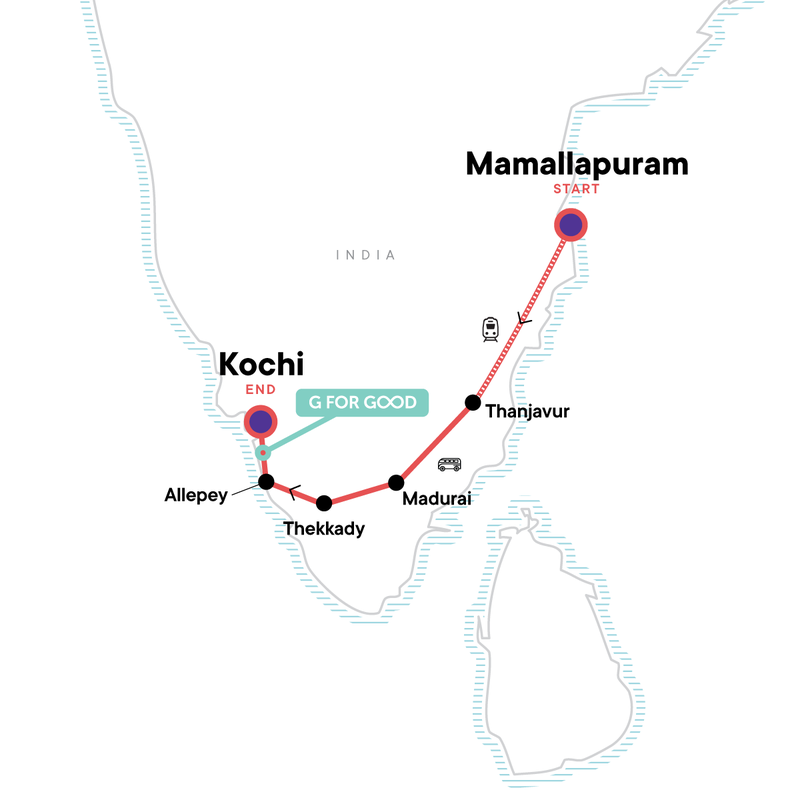 Map of the route for East to West Coast: Southern India