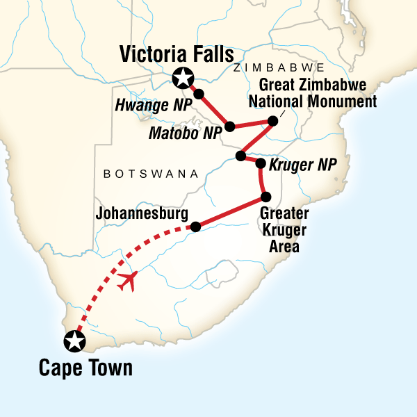 Map of the route for Cape Town, Kruger & Zimbabwe