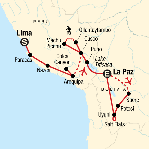 Map of the route for Inca Heartland & Bolivia Discovery