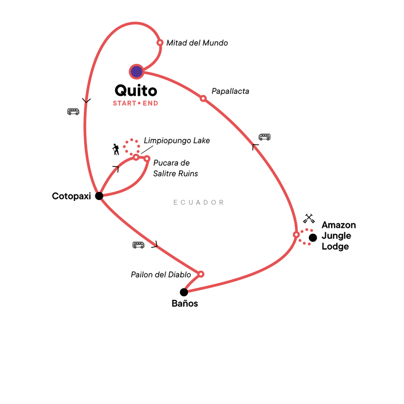 Map of the route for Ecuador: Cotopaxi & the Amazon Jungle