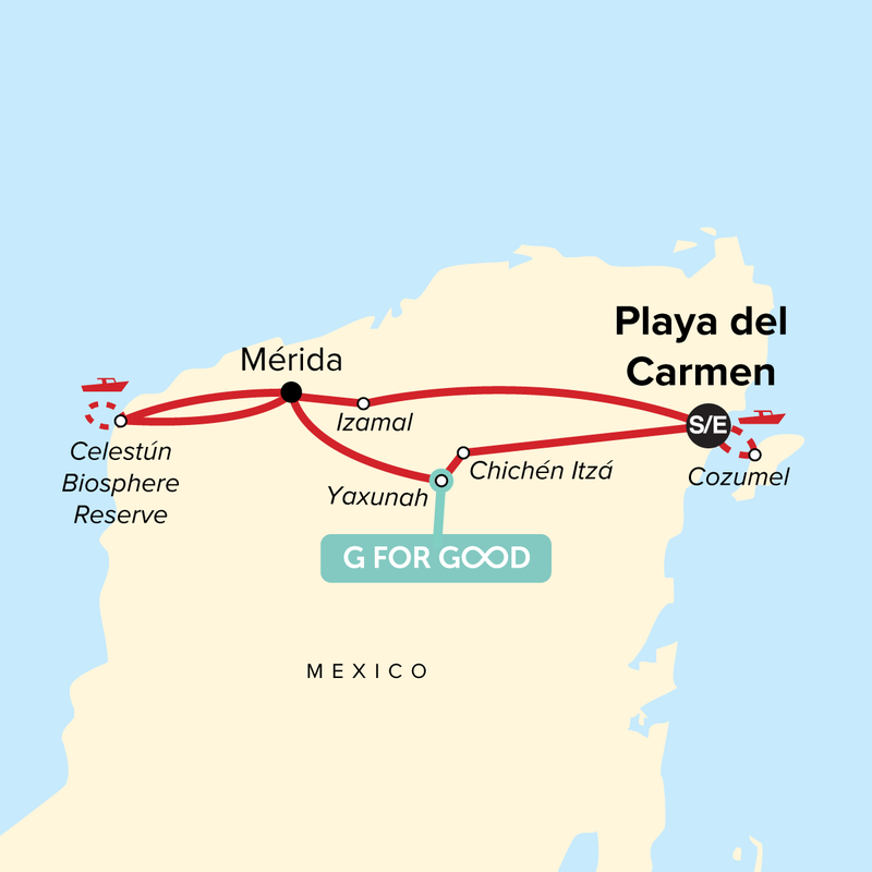 Map of the route for Mexico Family Journey: The Heart of the Yucatán