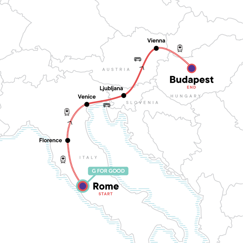 Map of the route for Rome to Budapest: Canals & Capitals