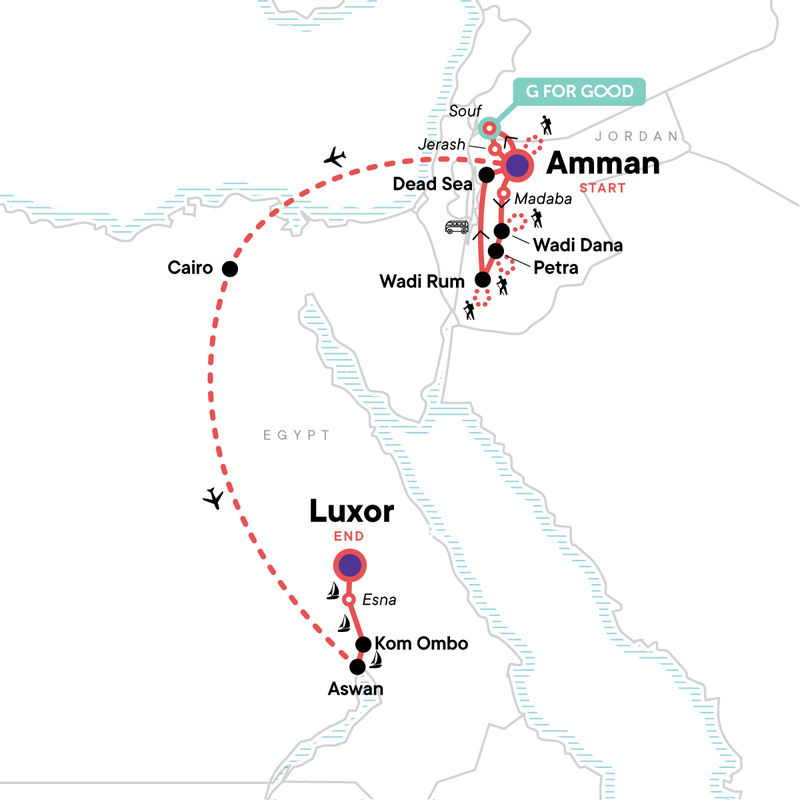 Map of the route for Jordan & Egypt: Desert Sands & Ancient Wonders