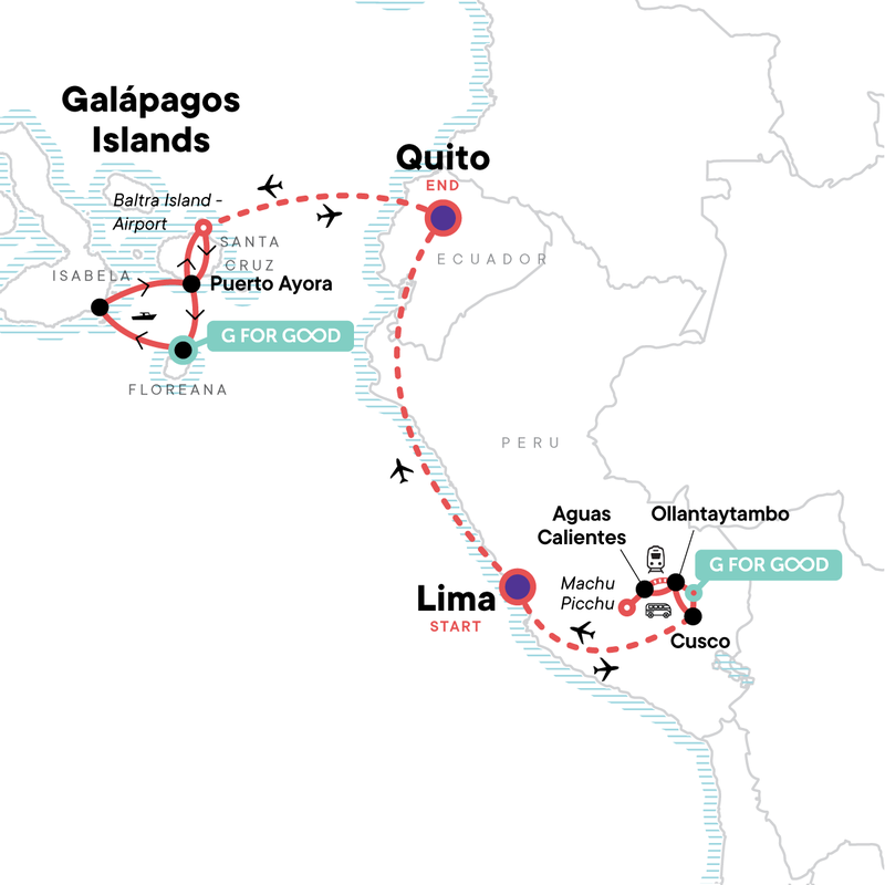 Map of the route for Machu Picchu & Galápagos Island Hopping