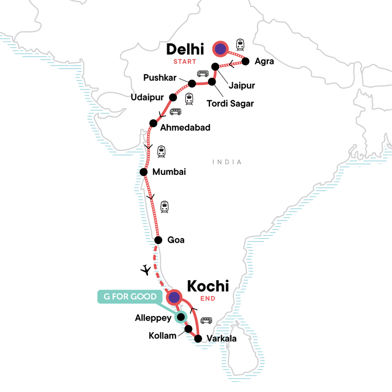Map of the route for North to South India: The Taj Mahal & Goa Good Times