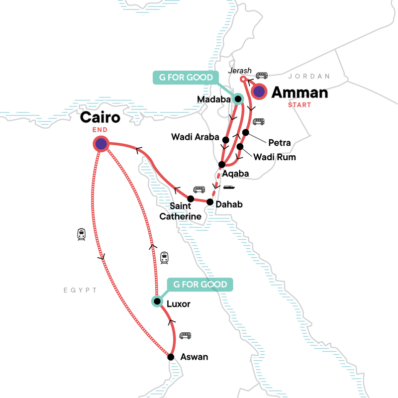 Map of the route for Middle East Dream Escape: Iconic Petra & The Great Pyramids