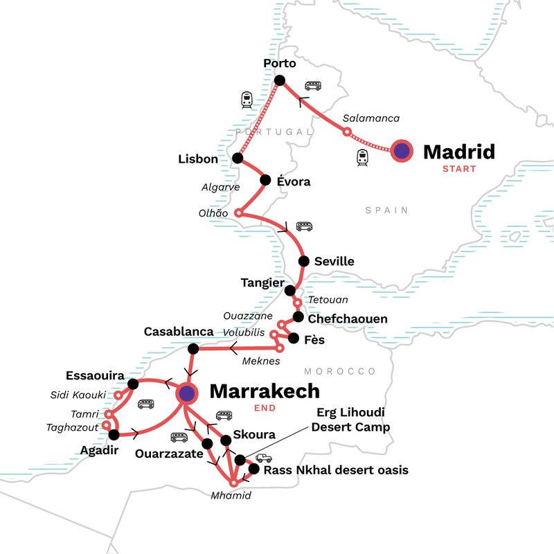 Map of the route for Spain, Portugal & Morocco Encompassed
