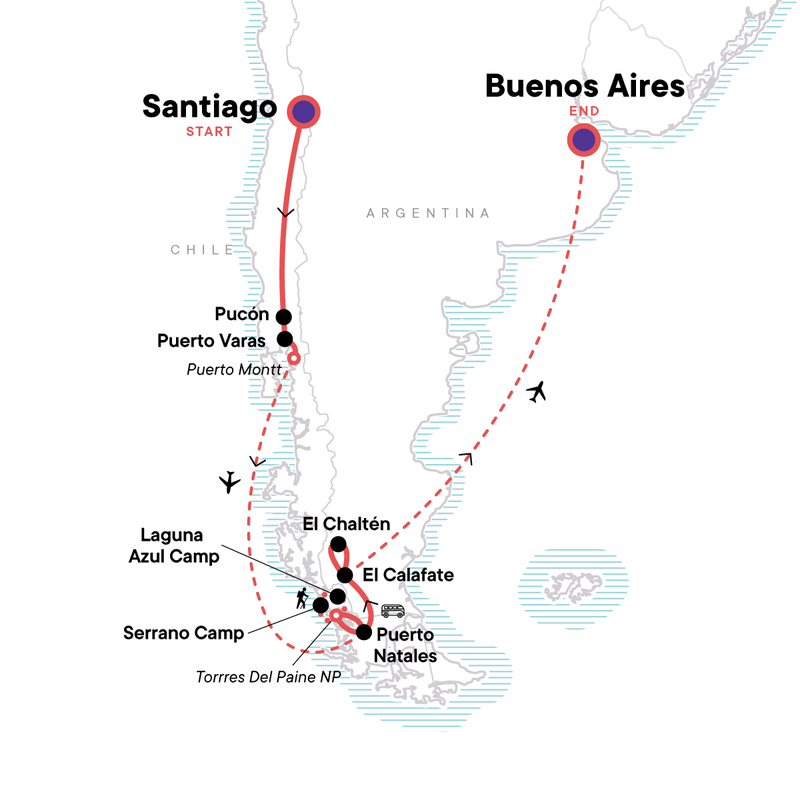 Map of the route for Chile to Argentina: Patagonia Peaks & Campfire Nights