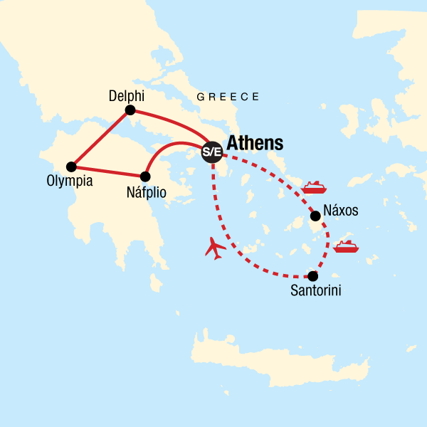 Map of the route for Greece: Ancient Ruins & Iconic Islands