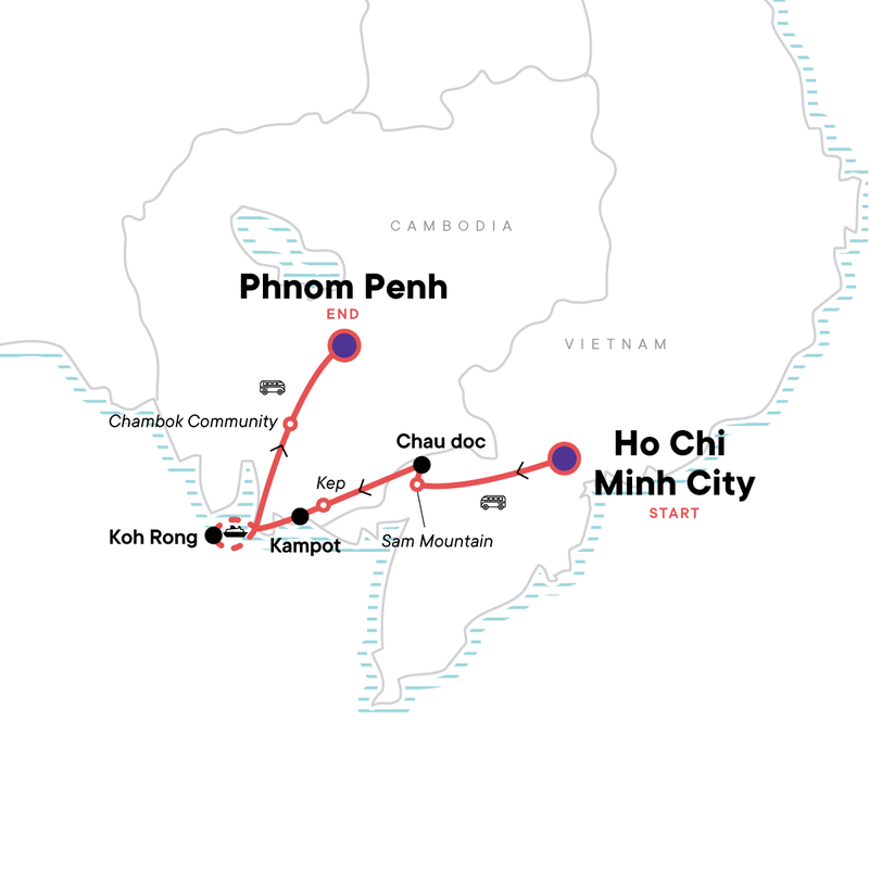 Map of the route for Vietnam and Cambodia: Mekong, Local Markets & Secluded Islands