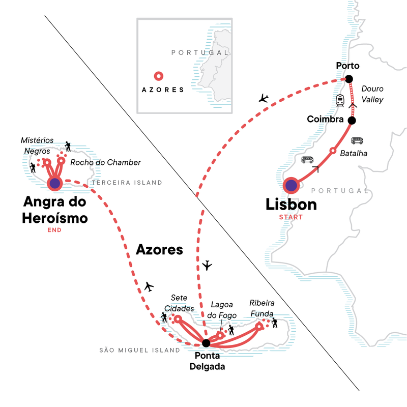Map of the route for Classic Portugal: Mainland & Azores Adventure
