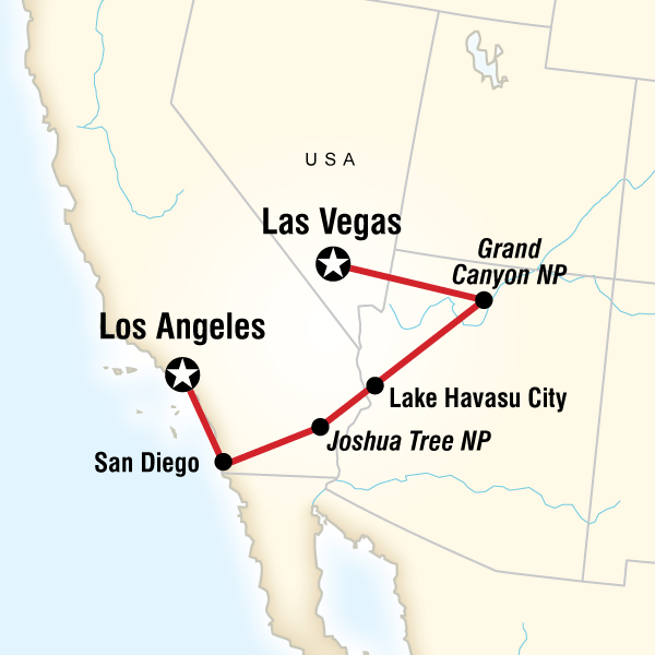 Map of the route for San Diego, Grand Canyon & Vegas
