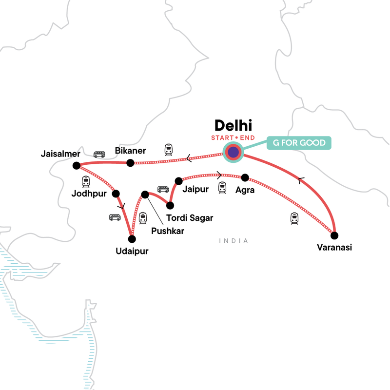 Map of the route for Rajasthan & Varanasi — Ancient Temples & the Taj Mahal
