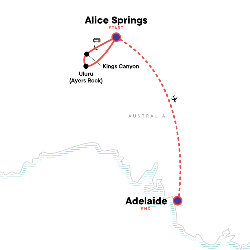 Map of the route for The Red Centre to Adelaide: Uluru & the Outback