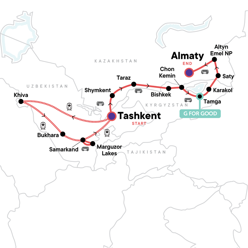Map of the route for The Stans: The Ultimate Adventure through the Silk Road
