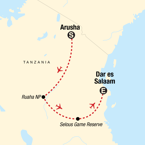 Map of the route for Southern Tanzania Safari