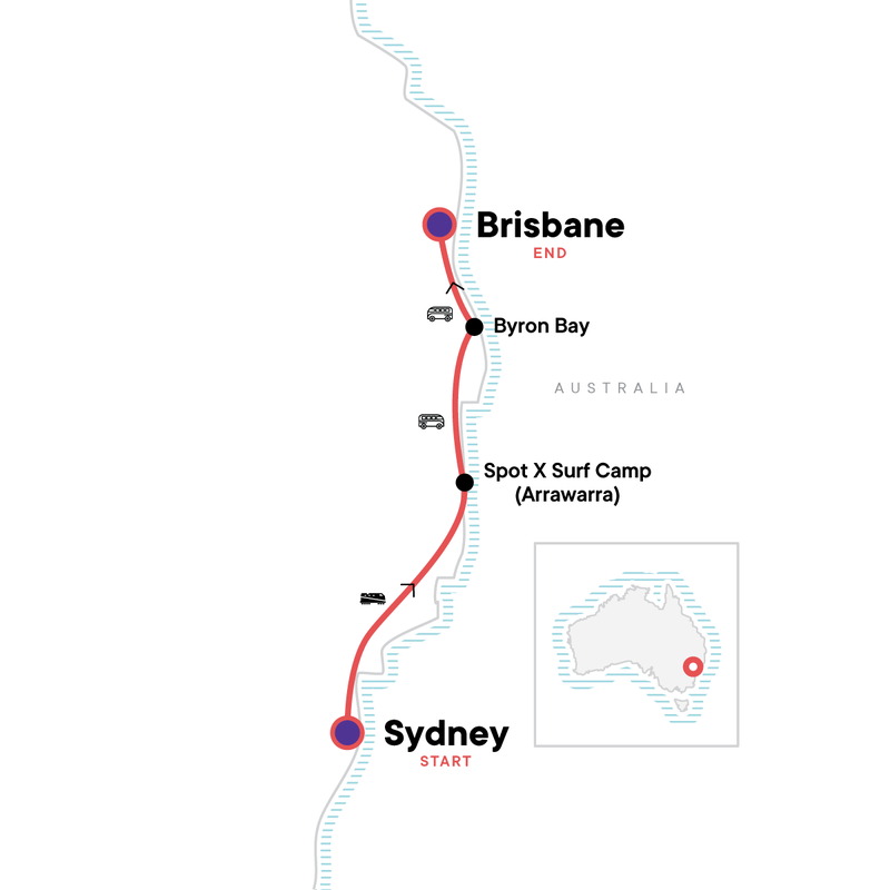 Map of the route for Sydney to Brisbane Experience: Bushwalks & Surfing