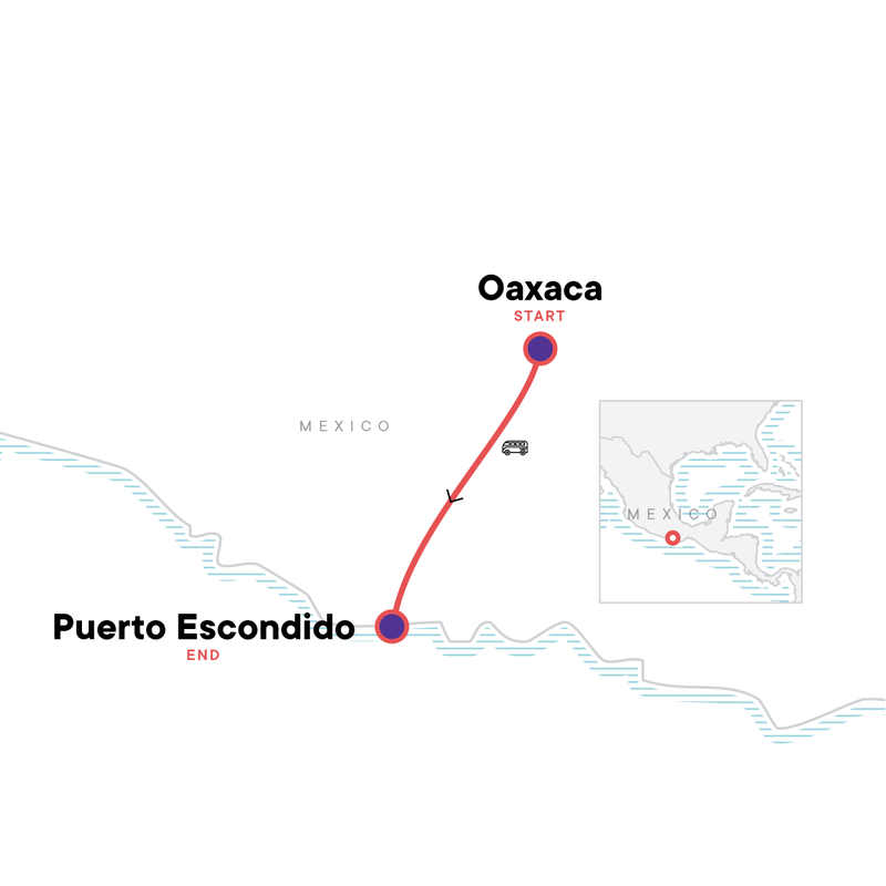 Map of the route for Oaxaca to Puerto Escondido: Day of the Dead