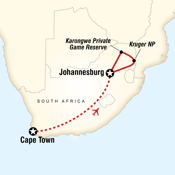 Map of the route for Journeys: Explore Cape Town & Kruger National Park
