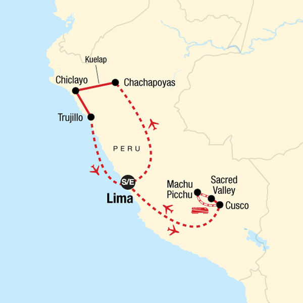 Map of the route for Explore Northern Peru & Machu Picchu