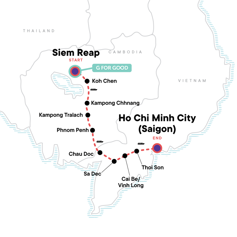 Map of the route for Mekong River Experience – Siem Reap to Ho Chi Minh City