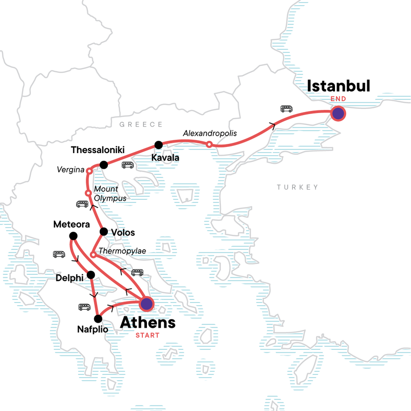 Map of the route for Classic Mainland Greece:  Athens to Istanbul
