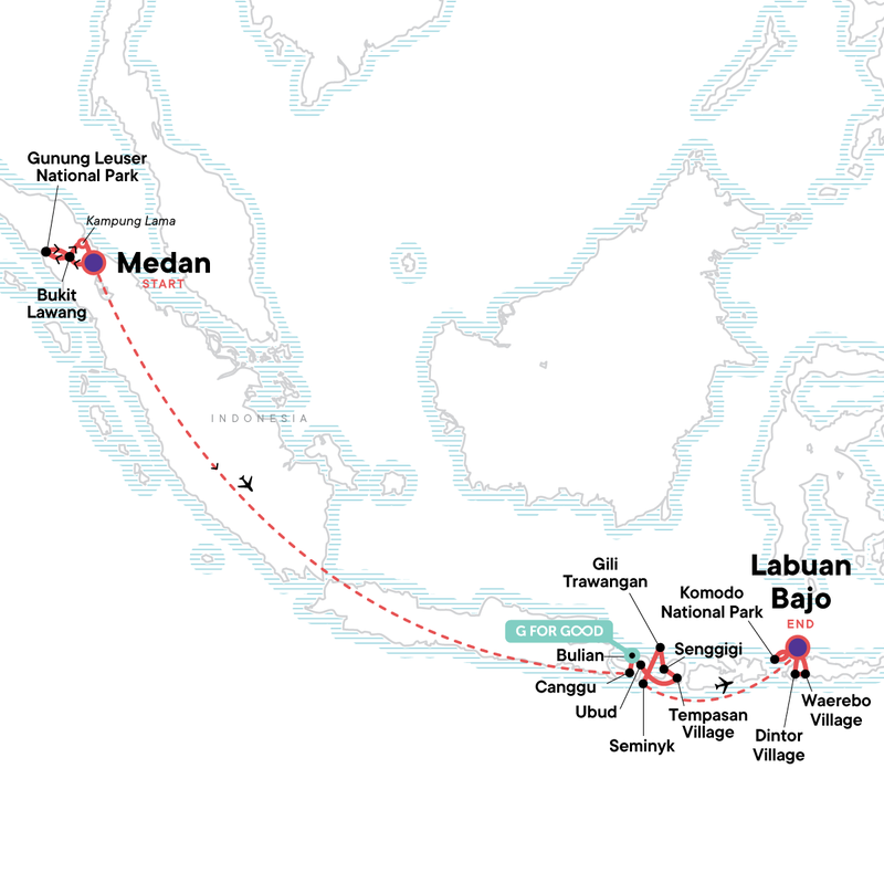 Map of the route for Epic Archipelago Adventure: Sumatra to Flores in 30 Days