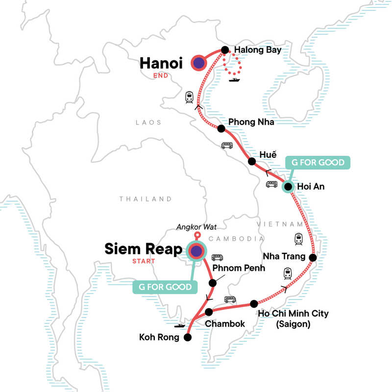 Map of the route for Cambodia to Vietnam: Lanterns, Nightlife & Local Living